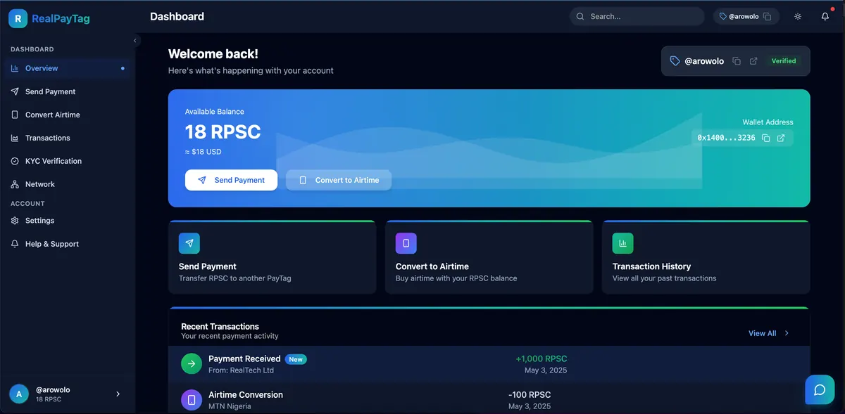 RealPayTag payments interface
